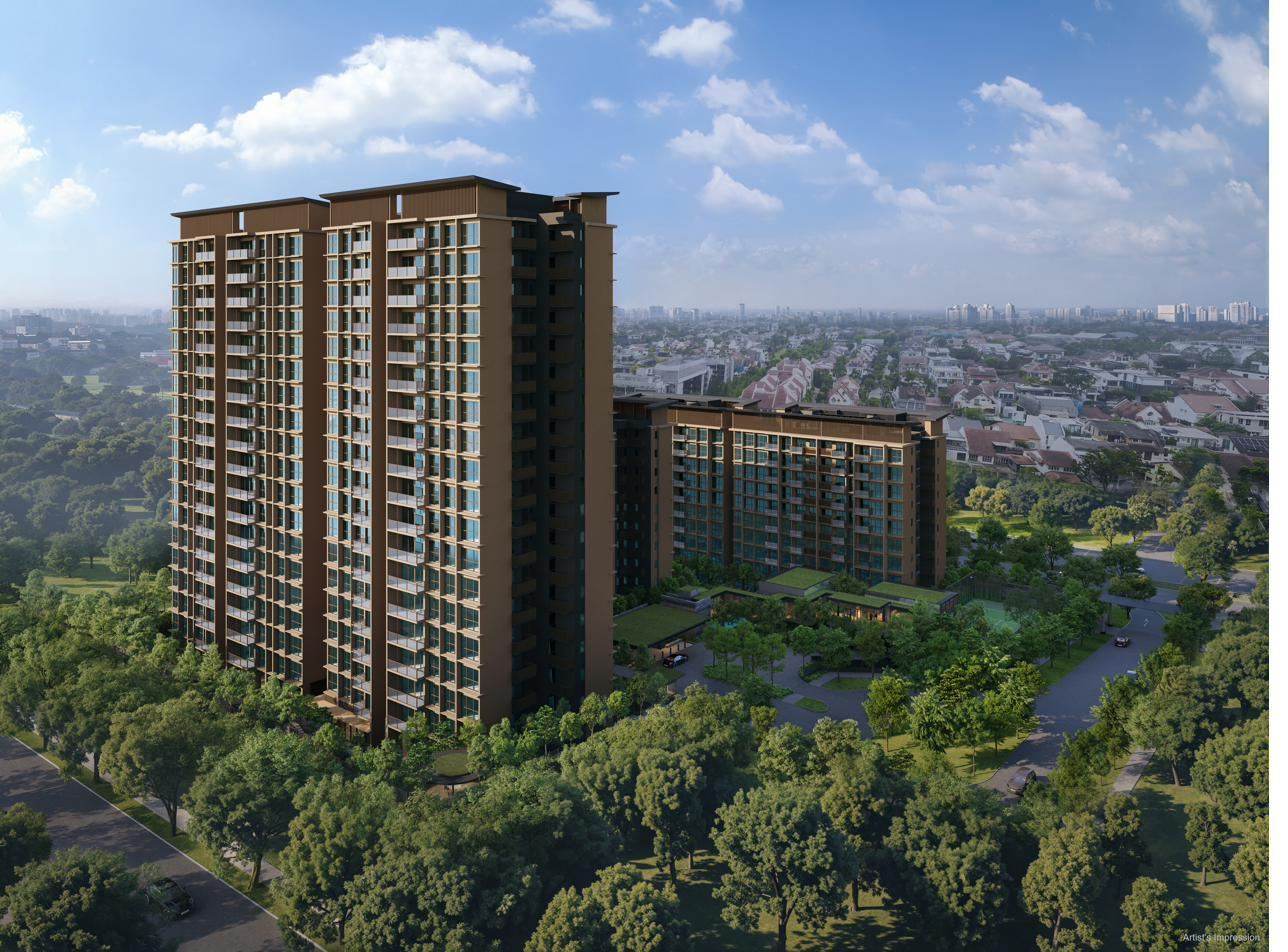 Aerial view of Dunearn House condominium blocks surrounded by Bukit Timah greenery